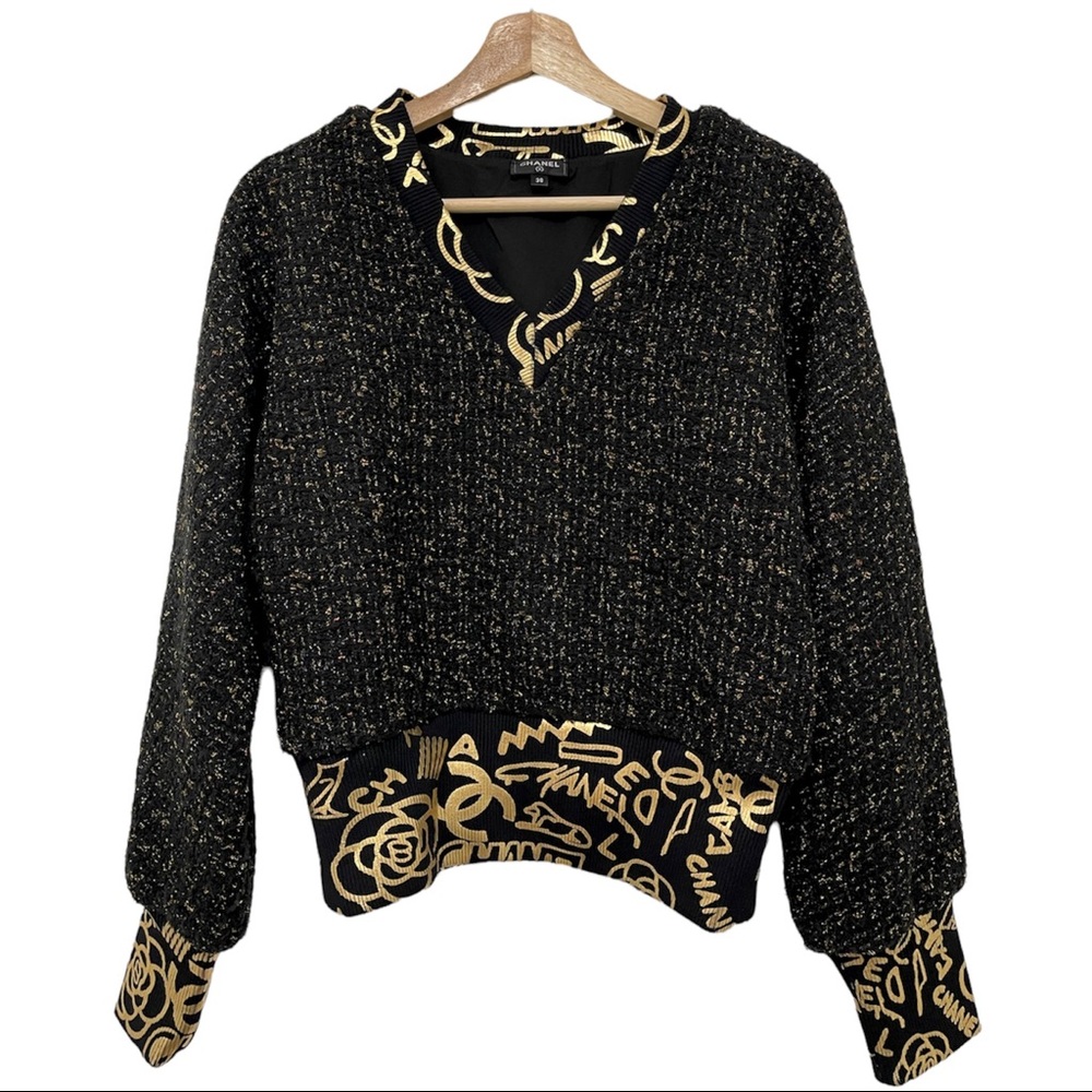 Chanel Black and Gold Metallic Tweed V-Neck Jumper in Size 38